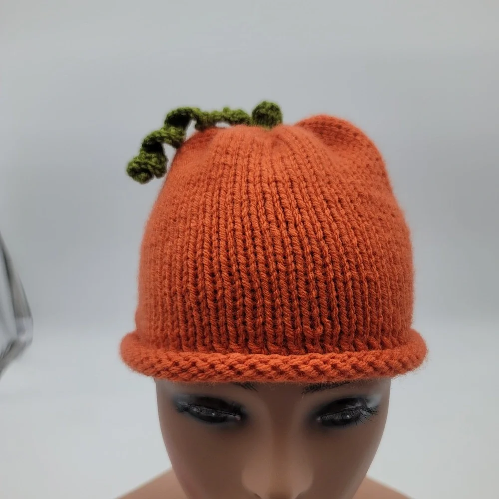 Kids Pumpkin Beanie Orange Knit Fall Halloween Costume Hat with Green Stem